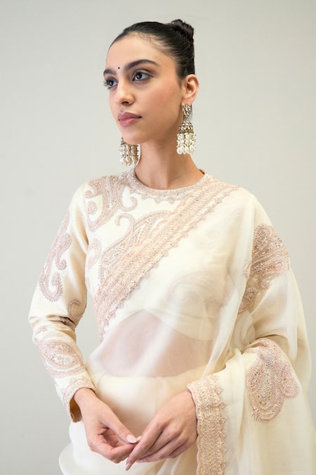 Buy_Ridhimaa Gupta_White Silk Organza Diamonds, Ghazal Saree With Unstitched Blouse Piece _Online_at_Aza_Fashions