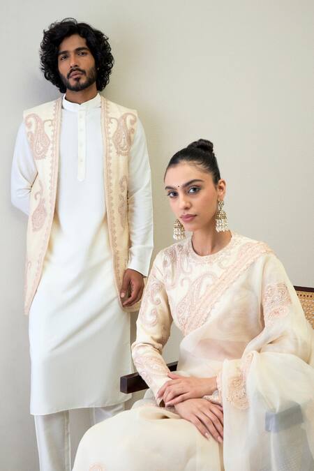 Shop_Ridhimaa Gupta_White Silk Organza Diamonds, Ghazal Saree With Unstitched Blouse Piece _Online_at_Aza_Fashions