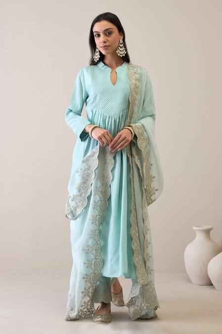 Ridhimaa Gupta_Blue Viscose, Organza, Cotton, Delnaz Gathered Kurta Pant Set_Online_at_Aza_Fashions
