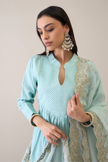 Buy_Ridhimaa Gupta_Blue Viscose, Organza, Cotton, Delnaz Gathered Kurta Pant Set_Online_at_Aza_Fashions