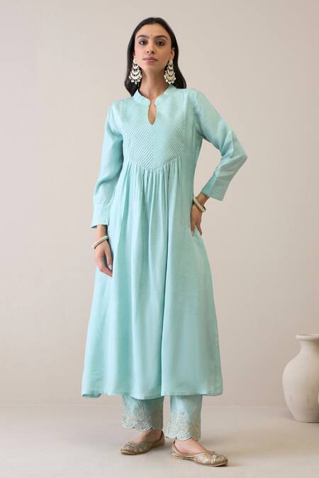 Shop_Ridhimaa Gupta_Blue Viscose, Organza, Cotton, Delnaz Gathered Kurta Pant Set_Online_at_Aza_Fashions