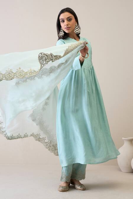 Buy_Ridhimaa Gupta_Blue Viscose, Organza, Cotton, Delnaz Gathered Kurta Pant Set