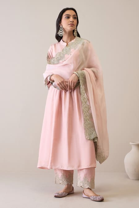 Ridhimaa Gupta_Pink Viscose, Organza, Cotton, Alizeh Gathered Kurta Pant Set_Online_at_Aza_Fashions