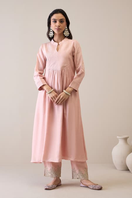 Buy_Ridhimaa Gupta_Pink Viscose, Organza, Cotton, Alizeh Gathered Kurta Pant Set_Online_at_Aza_Fashions