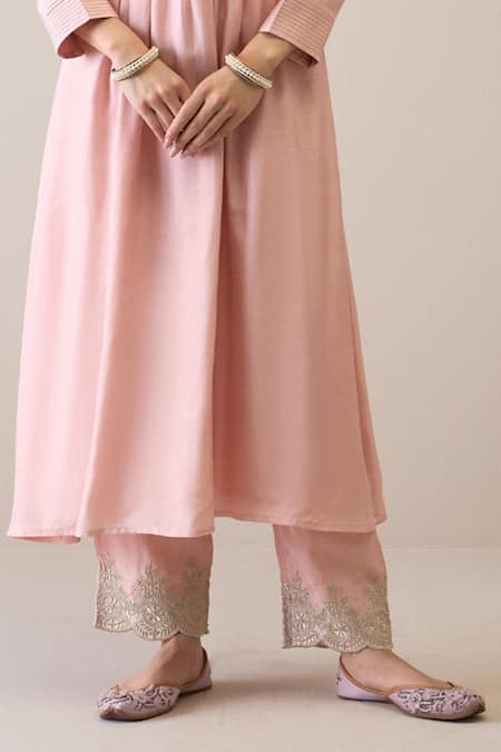 Shop_Ridhimaa Gupta_Pink Viscose, Organza, Cotton, Alizeh Gathered Kurta Pant Set_Online_at_Aza_Fashions