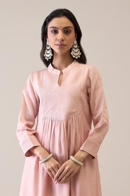 Ridhimaa Gupta_Pink Viscose, Organza, Cotton, Alizeh Gathered Kurta Pant Set_at_Aza_Fashions