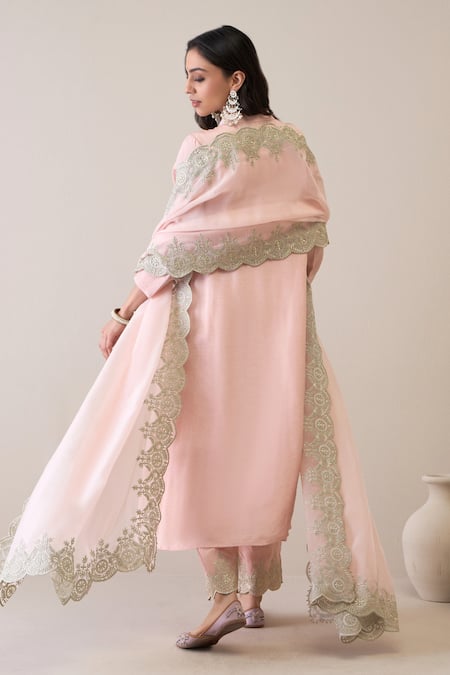 Buy_Ridhimaa Gupta_Pink Viscose, Organza, Cotton, Alizeh Gathered Kurta Pant Set