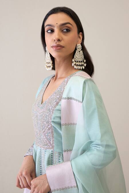 Shop_Ridhimaa Gupta_Green Silk Organza, Viscose Embroidery, Diamonds V-neck Haneen Anarkali Set _Online_at_Aza_Fashions