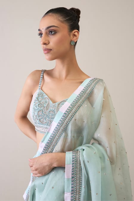 Buy_Ridhimaa Gupta_Green Silk Organza Sequins Haneen Embroidered Saree With Unstitched Blouse Piece _Online_at_Aza_Fashions