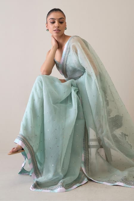 Ridhimaa Gupta_Green Silk Organza Sequins Haneen Embroidered Saree With Unstitched Blouse Piece _at_Aza_Fashions