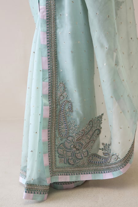 Buy_Ridhimaa Gupta_Green Silk Organza Sequins Haneen Embroidered Saree With Unstitched Blouse Piece 