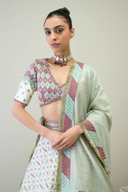 Ridhimaa Gupta_White Silk, Chanderi, Chiffon Sequins, Beads, Gota Huma Embroidered Lehenga Set _Online_at_Aza_Fashions