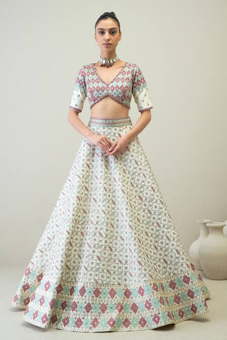 Shop_Ridhimaa Gupta_White Silk, Chanderi, Chiffon Sequins, Beads, Gota Huma Embroidered Lehenga Set _Online_at_Aza_Fashions