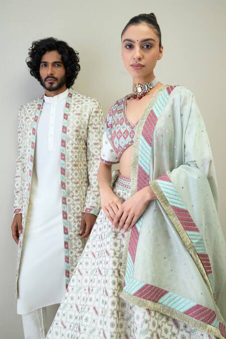 Shop_Ridhimaa Gupta_White Silk, Chanderi, Chiffon Sequins, Beads, Gota Huma Embroidered Lehenga Set 