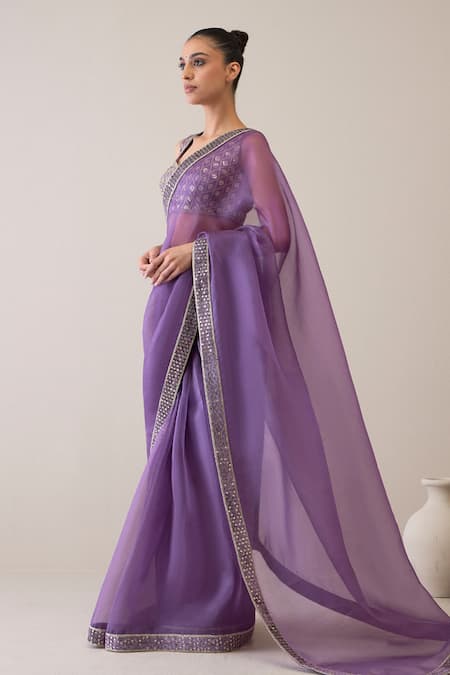 Ridhimaa Gupta_Purple Silk Organza Ilahi Embroidered Saree With Unstitched Blouse Piece _Online_at_Aza_Fashions