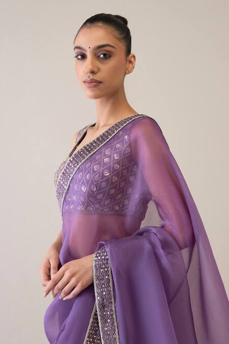 Buy_Ridhimaa Gupta_Purple Silk Organza Ilahi Embroidered Saree With Unstitched Blouse Piece _Online_at_Aza_Fashions