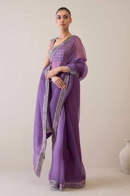 Shop_Ridhimaa Gupta_Purple Silk Organza Ilahi Embroidered Saree With Unstitched Blouse Piece _Online_at_Aza_Fashions