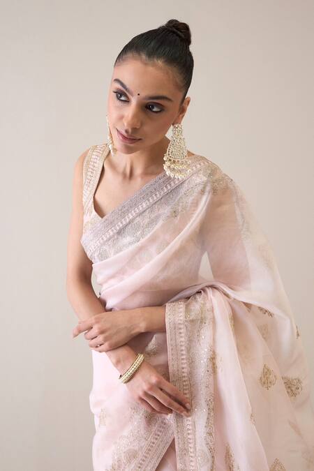 Shop_Ridhimaa Gupta_Pink Silk Organza Sequins, Embroidery Imraoz Saree With Unstitched Blouse Piece _Online_at_Aza_Fashions
