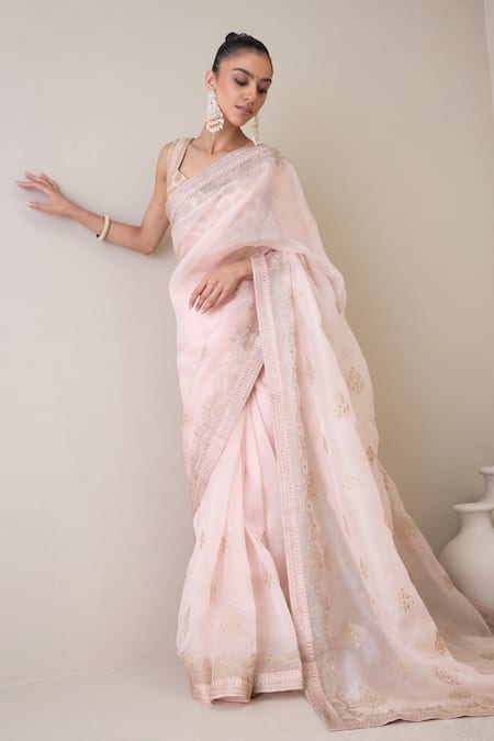 Buy_Ridhimaa Gupta_Pink Silk Organza Sequins, Embroidery Imraoz Saree With Unstitched Blouse Piece 