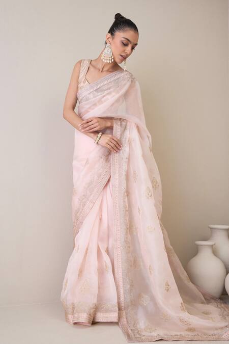 Shop_Ridhimaa Gupta_Pink Silk Organza Sequins, Embroidery Imraoz Saree With Unstitched Blouse Piece 