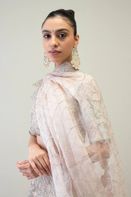 Ridhimaa Gupta_Pink Silk Organza, Viscose Diamonds, Sequins, Jamna Embroidered Lehenga Set _Online_at_Aza_Fashions
