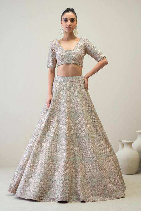 Buy_Ridhimaa Gupta_Pink Silk Organza, Viscose Diamonds, Sequins, Jamna Embroidered Lehenga Set _Online_at_Aza_Fashions