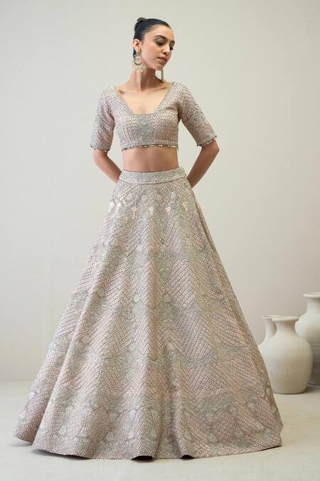 Shop_Ridhimaa Gupta_Pink Silk Organza, Viscose Diamonds, Sequins, Jamna Embroidered Lehenga Set _Online_at_Aza_Fashions