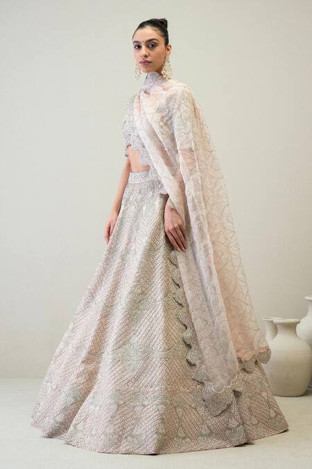 Buy_Ridhimaa Gupta_Pink Silk Organza, Viscose Diamonds, Sequins, Jamna Embroidered Lehenga Set 