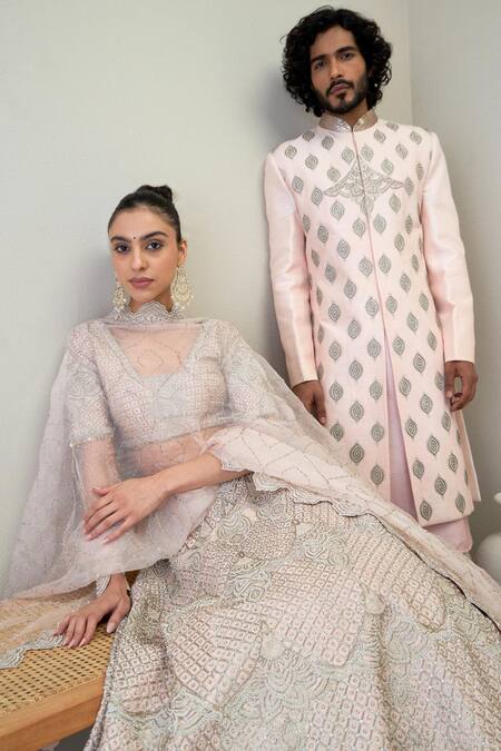 Shop_Ridhimaa Gupta_Pink Silk Organza, Viscose Diamonds, Sequins, Jamna Embroidered Lehenga Set 