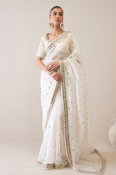 Ridhimaa Gupta_White Silk Organza Sequins, Kalki Embroidered Saree With Unstitched Blouse Piece _Online_at_Aza_Fashions