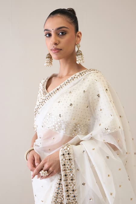 Buy_Ridhimaa Gupta_White Silk Organza Sequins, Kalki Embroidered Saree With Unstitched Blouse Piece _Online_at_Aza_Fashions
