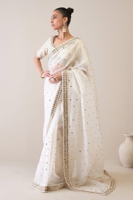 Shop_Ridhimaa Gupta_White Silk Organza Sequins, Kalki Embroidered Saree With Unstitched Blouse Piece _Online_at_Aza_Fashions