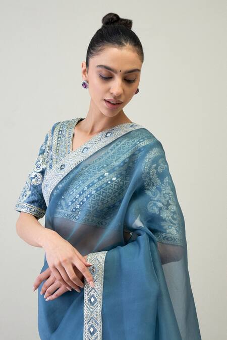 Ridhimaa Gupta_Blue Silk Organza Mirrors, Naaz Embroidered Saree With Unstitched Blouse Piece _Online_at_Aza_Fashions