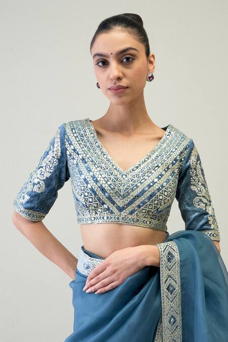 Buy_Ridhimaa Gupta_Blue Silk Organza Mirrors, Naaz Embroidered Saree With Unstitched Blouse Piece _Online_at_Aza_Fashions