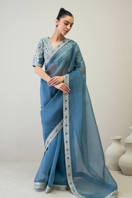 Shop_Ridhimaa Gupta_Blue Silk Organza Mirrors, Naaz Embroidered Saree With Unstitched Blouse Piece _Online_at_Aza_Fashions