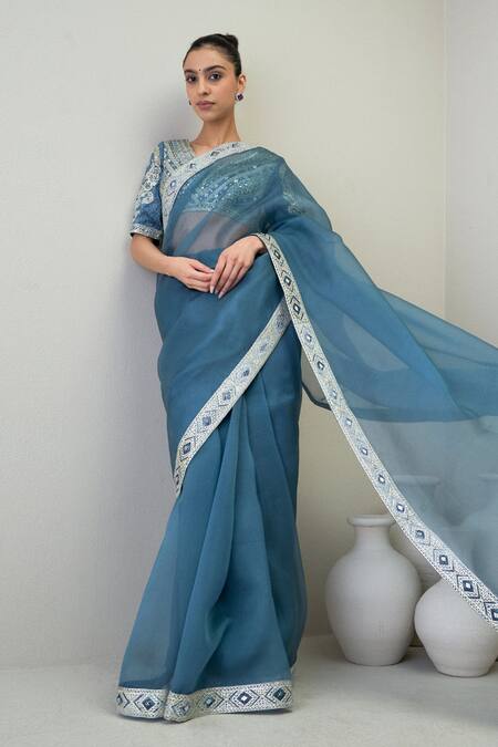 Ridhimaa Gupta_Blue Silk Organza Mirrors, Naaz Embroidered Saree With Unstitched Blouse Piece _at_Aza_Fashions