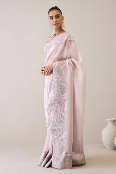 Ridhimaa Gupta_Pink Silk Organza Sequins, Zari, Sayonee Saree With Unstitched Blouse Piece _Online_at_Aza_Fashions