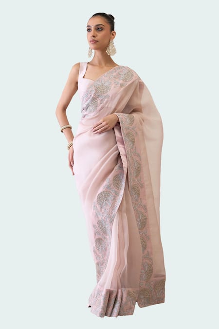 Buy_Ridhimaa Gupta_Pink Silk Organza Sequins, Zari, Sayonee Saree With Unstitched Blouse Piece _Online_at_Aza_Fashions