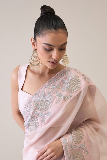 Shop_Ridhimaa Gupta_Pink Silk Organza Sequins, Zari, Sayonee Saree With Unstitched Blouse Piece _Online_at_Aza_Fashions