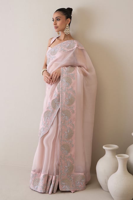 Ridhimaa Gupta_Pink Silk Organza Sequins, Zari, Sayonee Saree With Unstitched Blouse Piece _at_Aza_Fashions