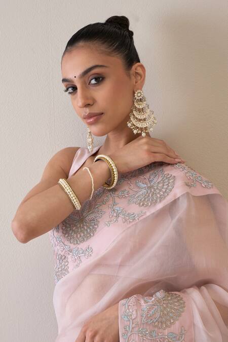 Buy_Ridhimaa Gupta_Pink Silk Organza Sequins, Zari, Sayonee Saree With Unstitched Blouse Piece 