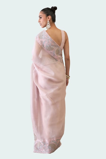 Shop_Ridhimaa Gupta_Pink Silk Organza Sequins, Zari, Sayonee Saree With Unstitched Blouse Piece 