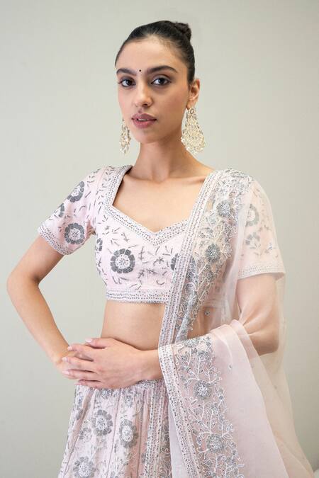 Buy_Ridhimaa Gupta_Pink Silk Organza, Viscose Beads, Sequins Square Zainab Embroidered Lehenga Set _Online_at_Aza_Fashions