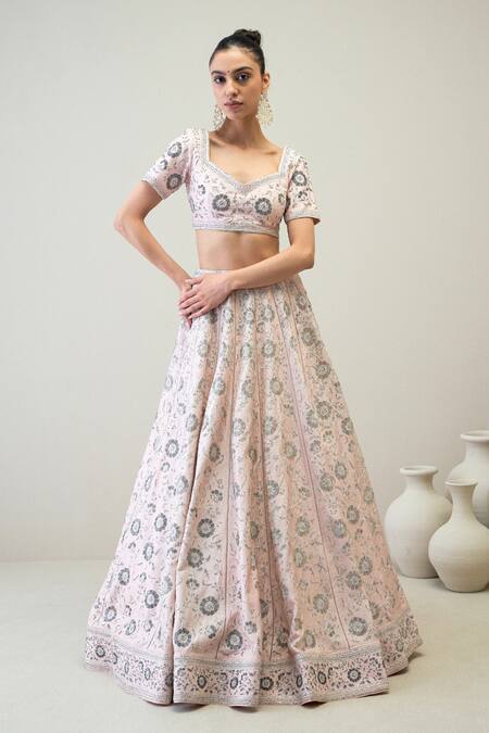 Shop_Ridhimaa Gupta_Pink Silk Organza, Viscose Beads, Sequins Square Zainab Embroidered Lehenga Set _Online_at_Aza_Fashions