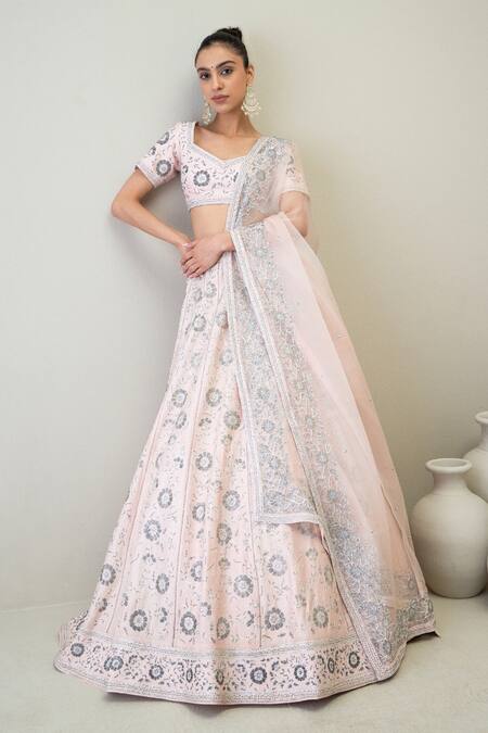 Ridhimaa Gupta_Pink Silk Organza, Viscose Beads, Sequins Square Zainab Embroidered Lehenga Set _at_Aza_Fashions