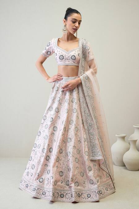 Buy_Ridhimaa Gupta_Pink Silk Organza, Viscose Beads, Sequins Square Zainab Embroidered Lehenga Set 