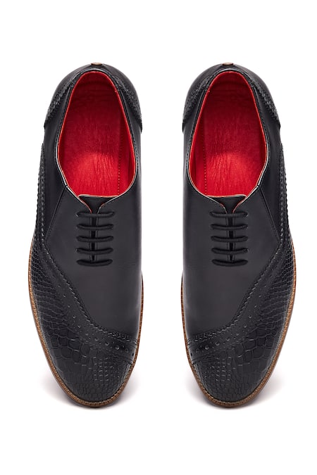 Shop Banjaaran Studio Black Brogue Mirza Crocodile Skin Textured at Aza Fashions Shop_Banjaaran Studio_Black Brogue Mirza Crocodile Skin Textured_at_Aza_Fashions