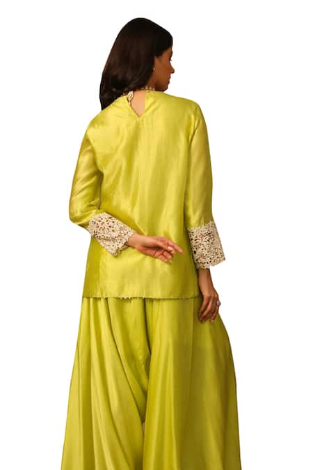 Shop_Neha Poddar_Green Silk, Satin Round Neck Cutwork Embroidered Kurta Set _Online_at_Aza_Fashions