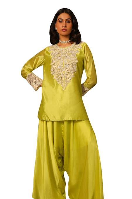 Buy_Neha Poddar_Green Silk, Satin Round Neck Cutwork Embroidered Kurta Set 