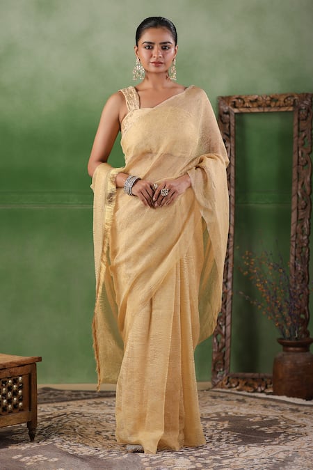 Geroo Jaipur Beige Tissue Plain Crushed Shimmer Finish Saree With Unstitched Blouse Piece 